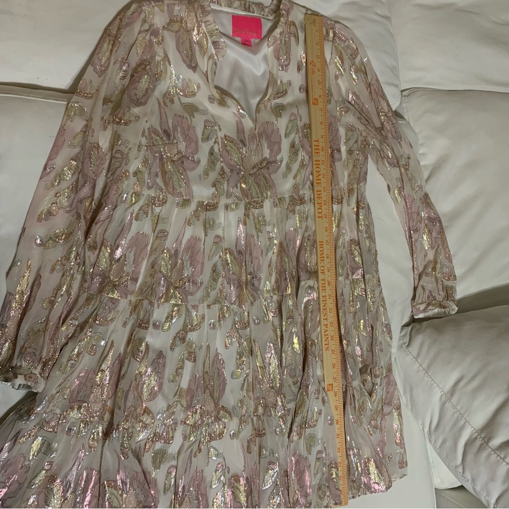 Lilly Pulitzer Sarita Silk Tiered Dress Coconut Rose Gold Metallic - Picture 13 of 14